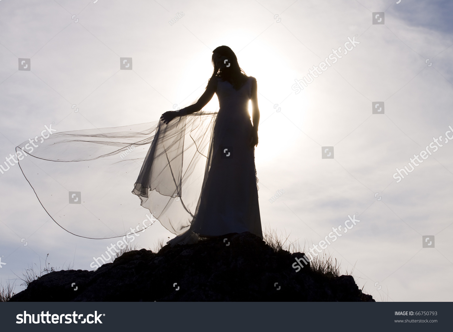 Silhouette Of Romantic Woman On Field With Veil In The Wind Stock Photo ...