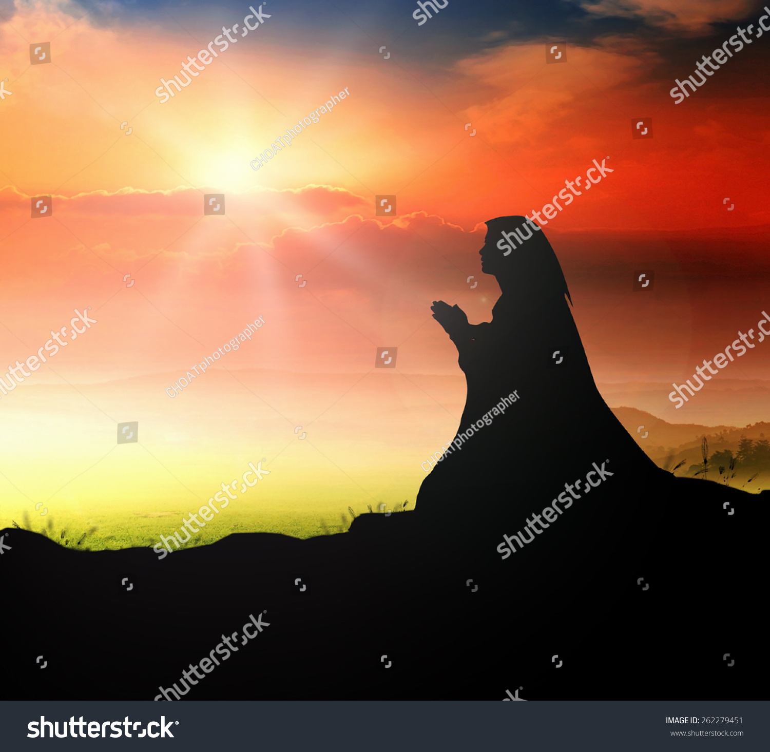 Silhouette Woman Kneeling Praying Over Beautiful Stock Photo 262279451 ...