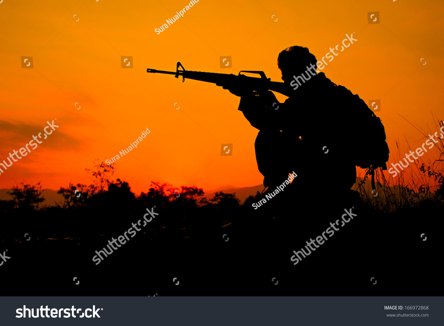 Silhouette Shot Soldier Holding Gun Colorful Stock Photo 166972868 ...