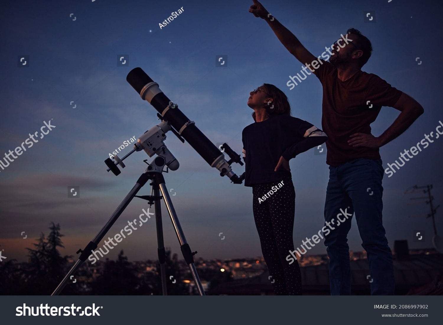 Silhouettes Father Daughter Astronomical Telescope Under Stock Photo ...