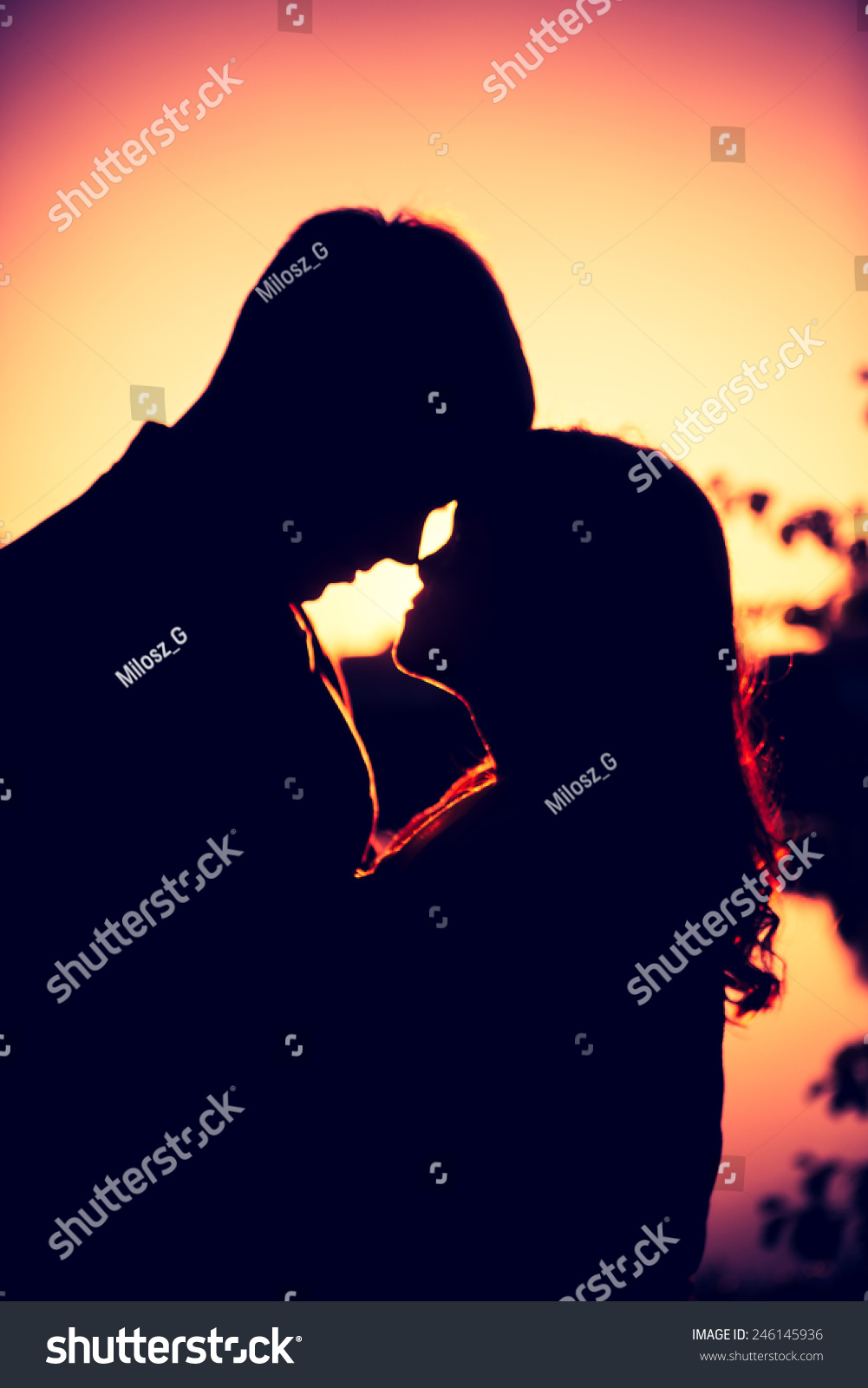 Silhouettes Hugging Couple Against Sunset Sky Stock Photo 246145936 ...