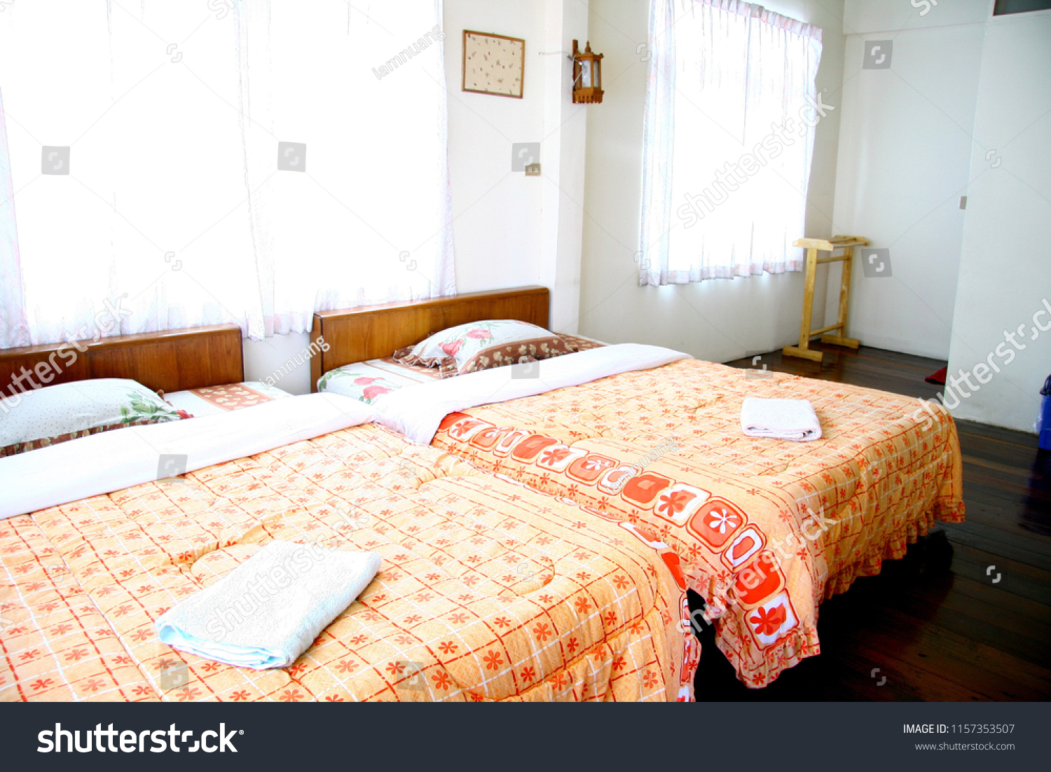 Simple Bedroom Interior Two Single Beds Stock Image