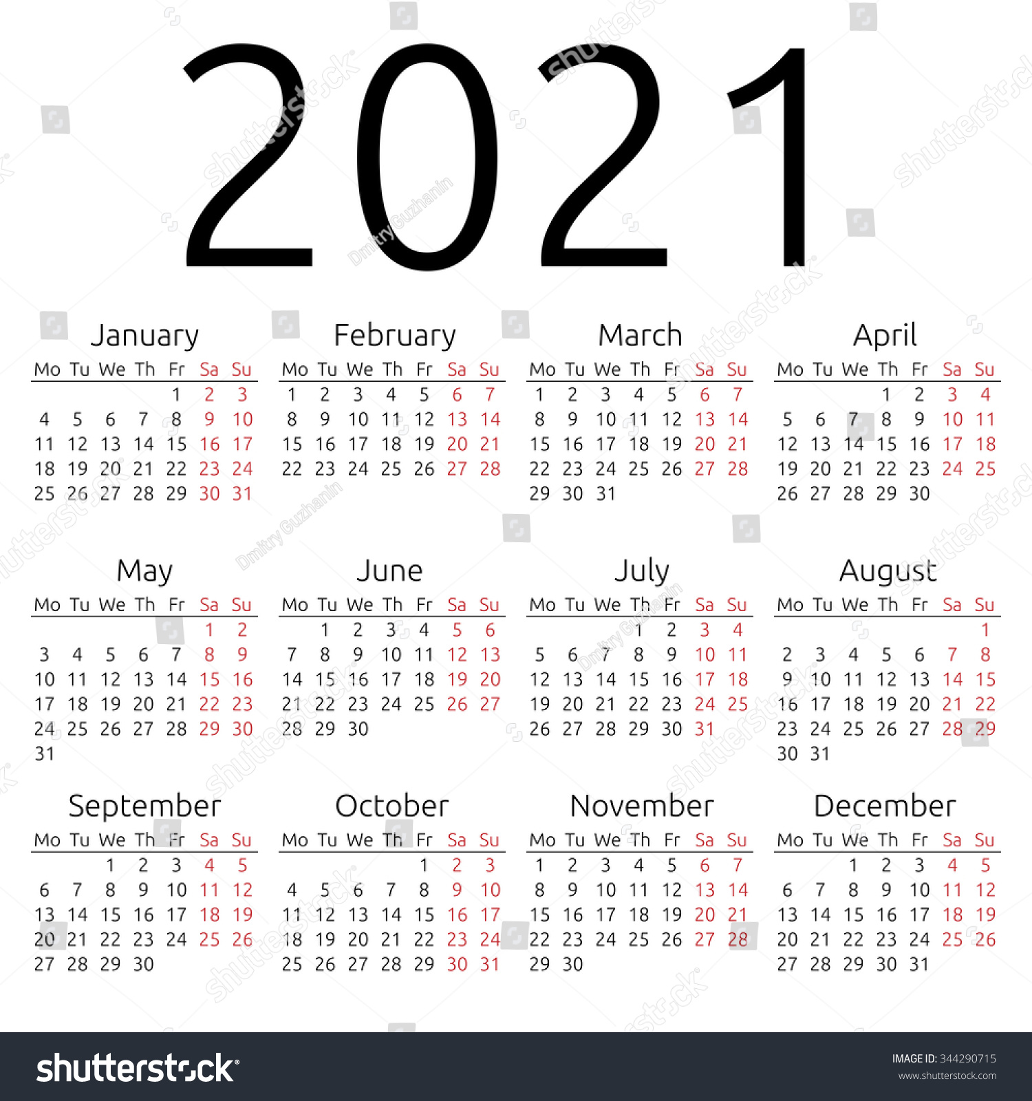 Simple 2021 Year Calendar Week Starts Stock Illustration ...