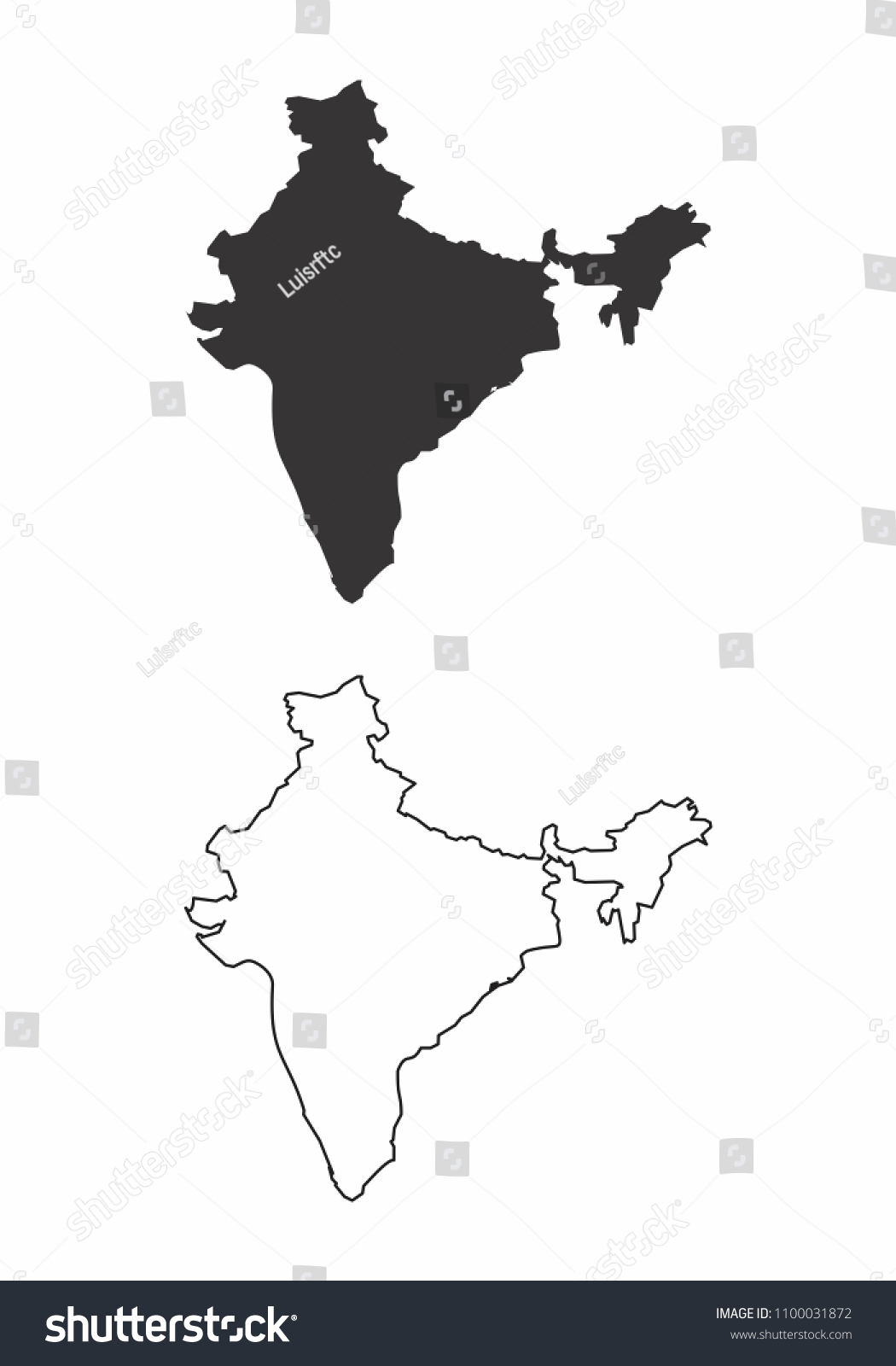 Simplified Maps India Black White Outlines Stock Illustration 1100031872