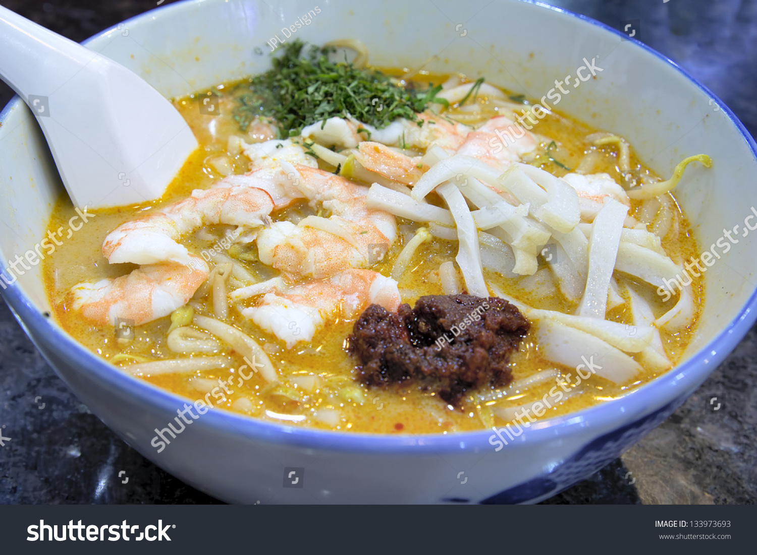 Singapore Curry Laska Prawns Fishcake Sambal Stock Photo Edit Now