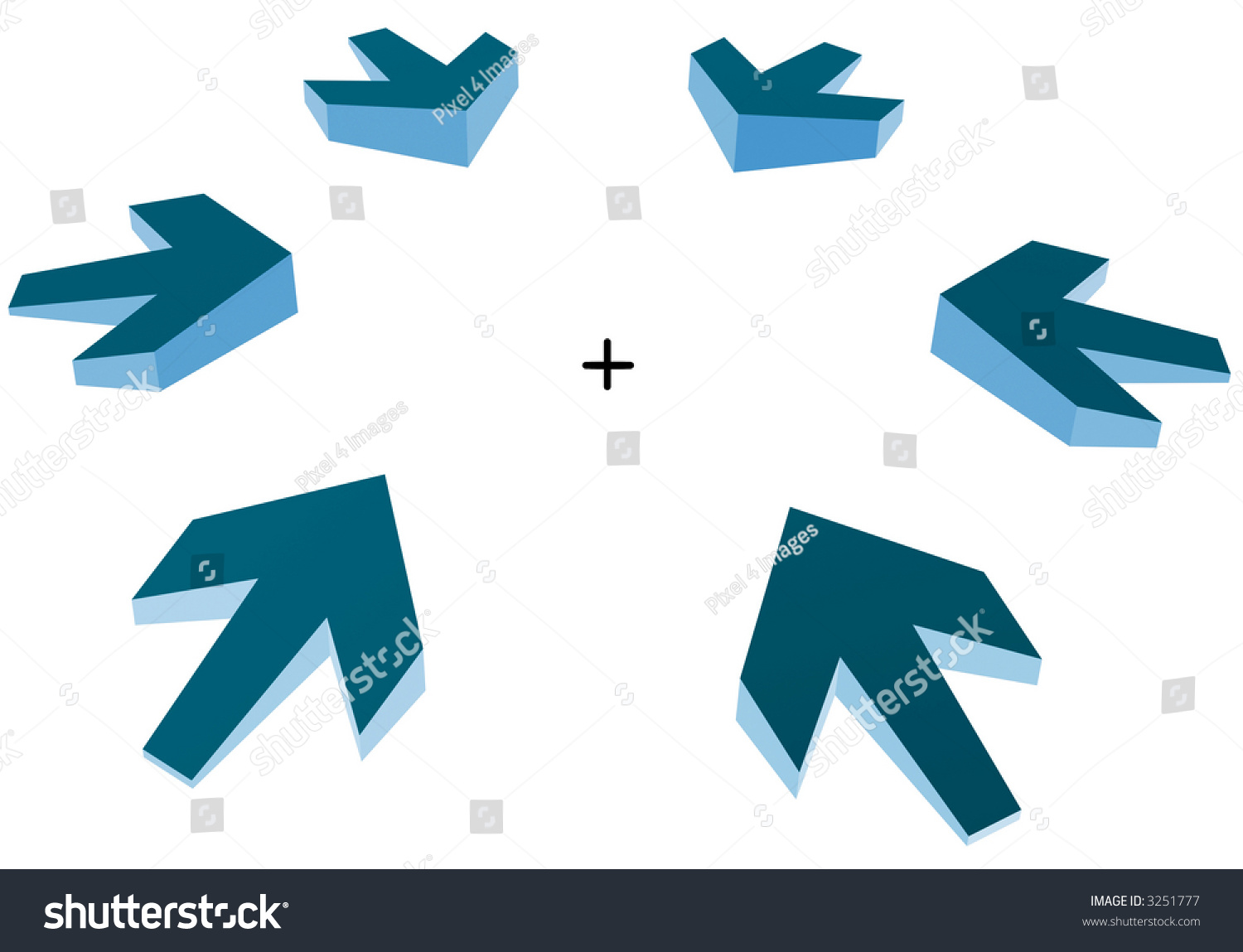 Six Blue 3d Arrows Pointing Into Center. Precise Mark Spot Stock Photo ...