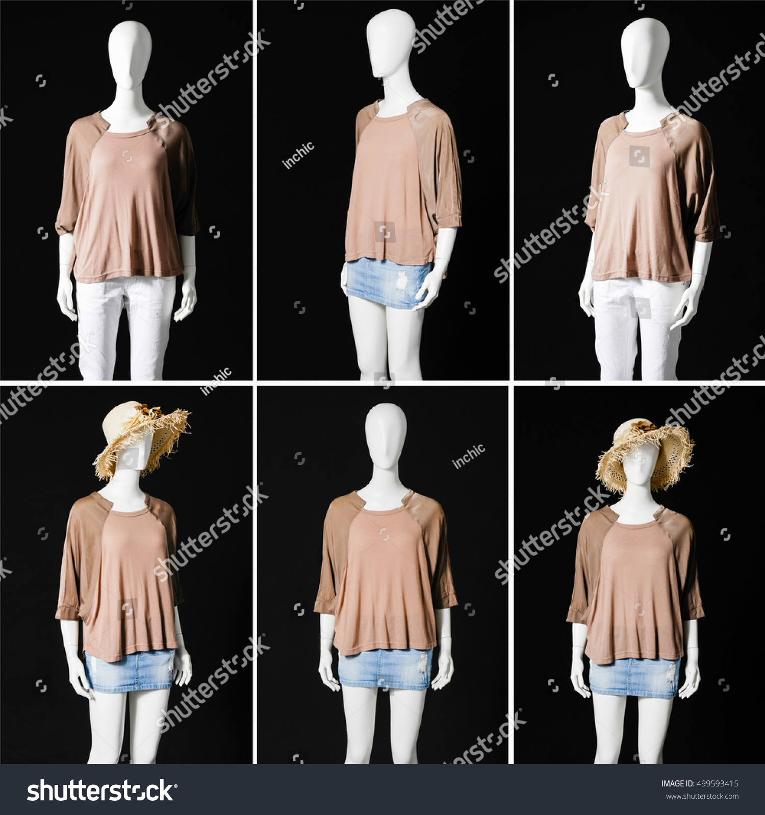 Six Female Mannequin Dressed In Shirt And,Jeans And White Trousers ,Hat ...