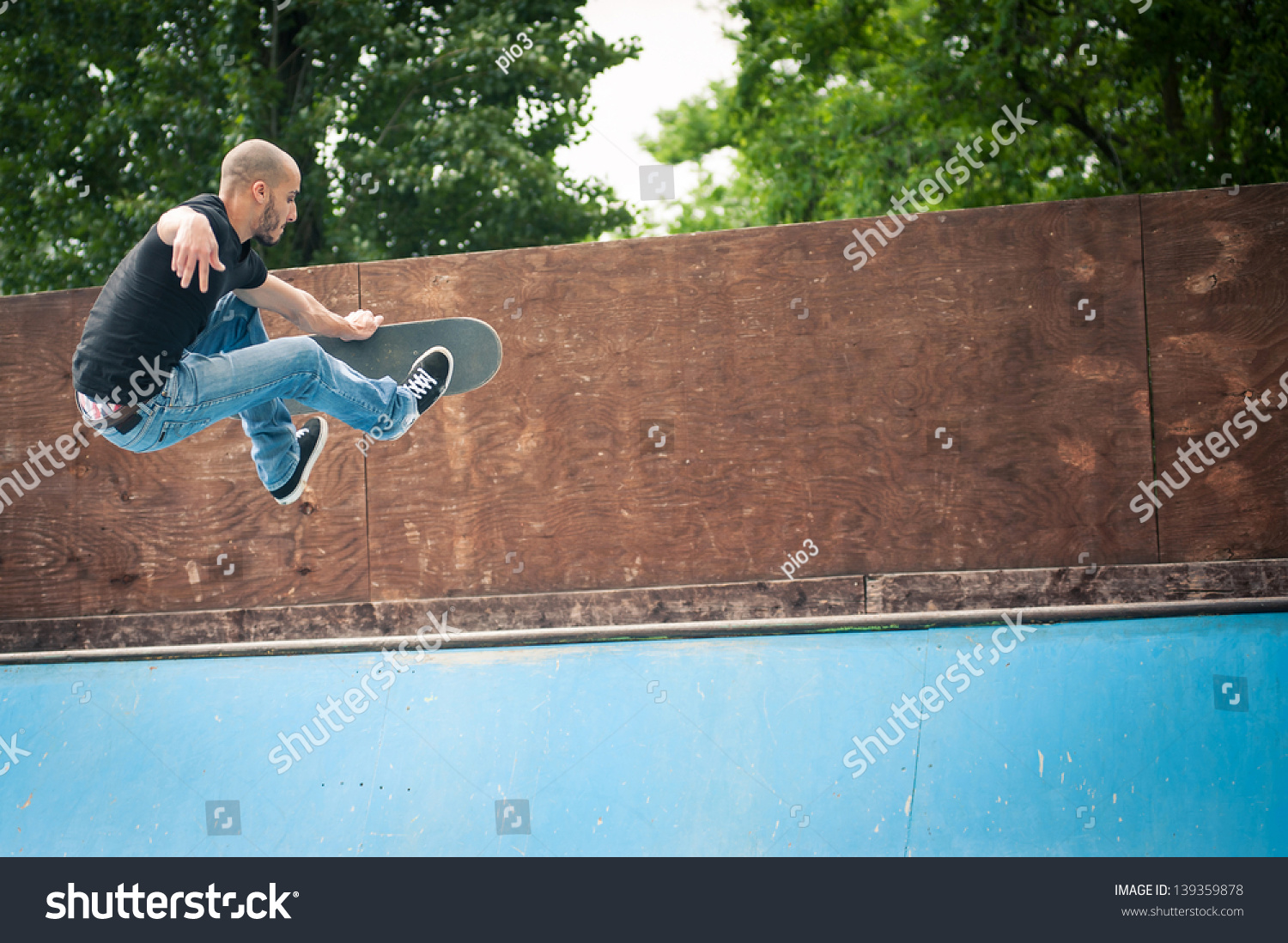 Skateboarder Jumping Halfpipe Skatepark Stock Photo Safe To Use