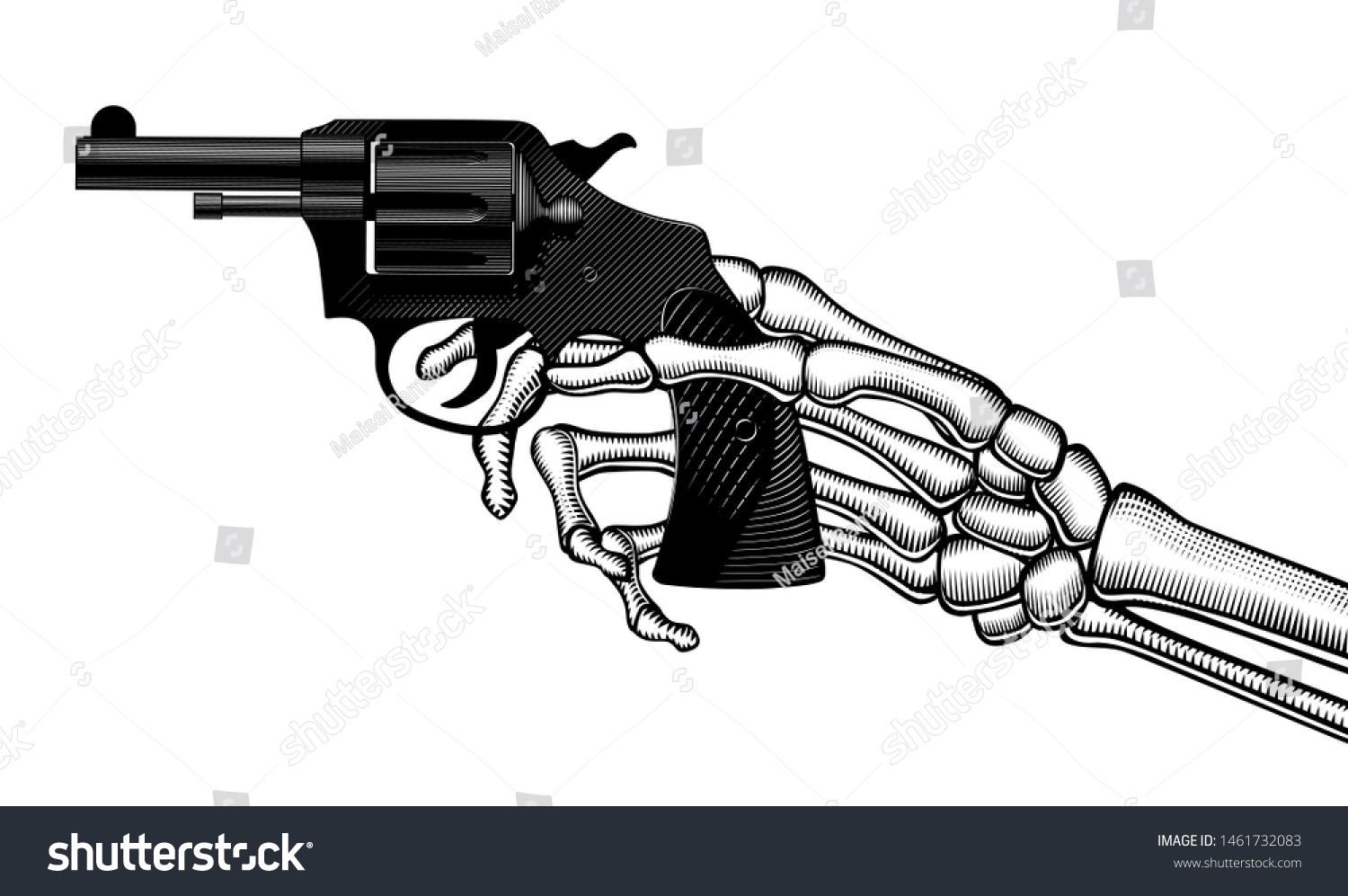 Skeleton Hand Holding Gun Vintage Engraving ภาพประกอบสต็อก 1461732083