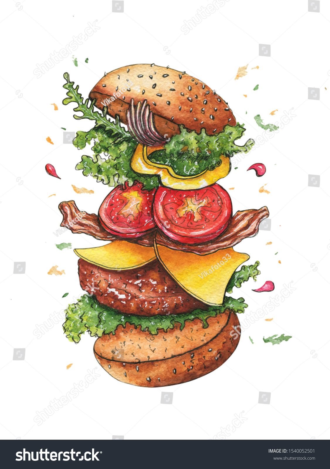 Sketch Drawing Flying Burger Pieces Ingredients Stock Illustration 1540052501