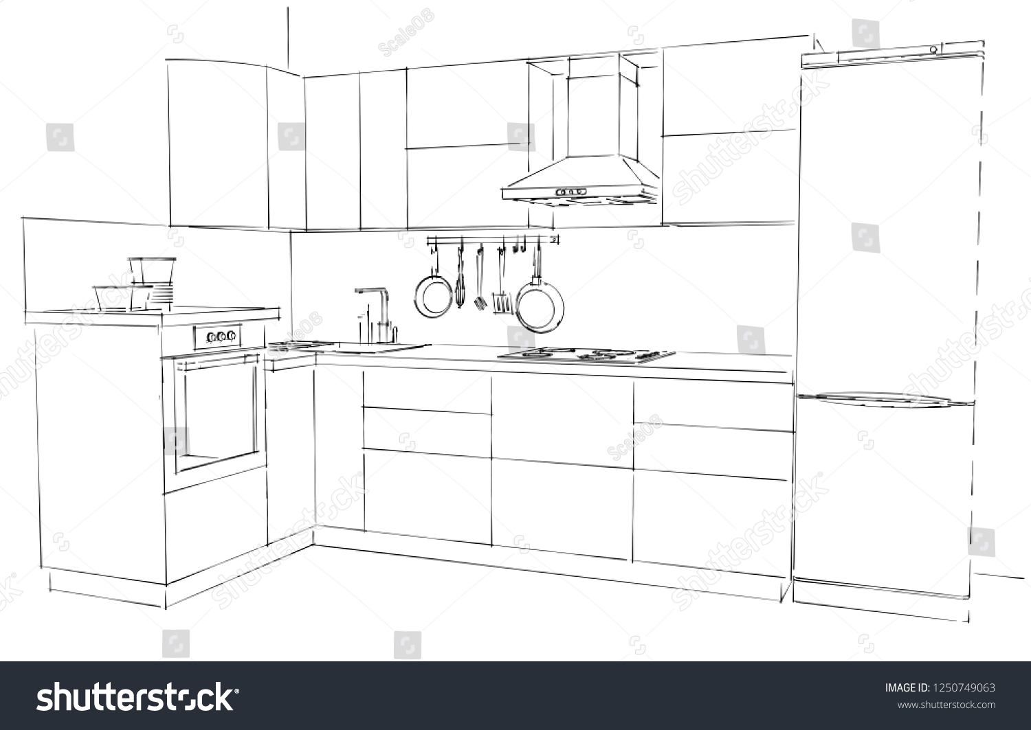 Sketch Modern Lshaped Kitchen Interior 3d Stock Illustration