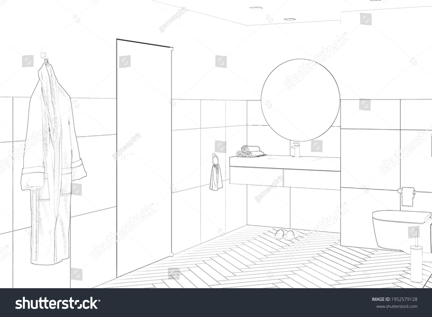 Sketch Modern Bathroom Tiled Walls Tiled Stock Illustration 1952579128 ...