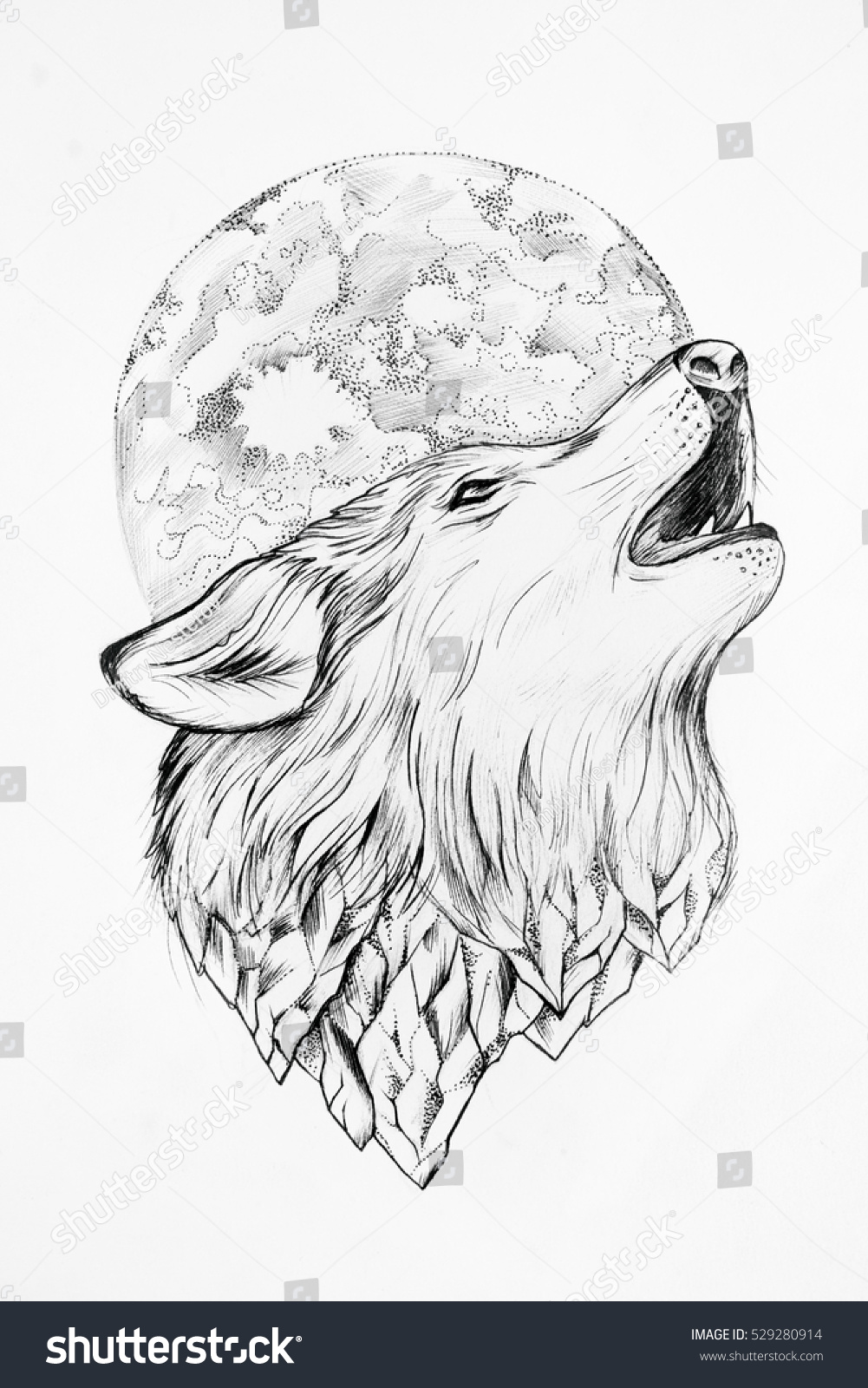 Sketch Wolf Howling Moon White Background Stock Illustration 529280914 