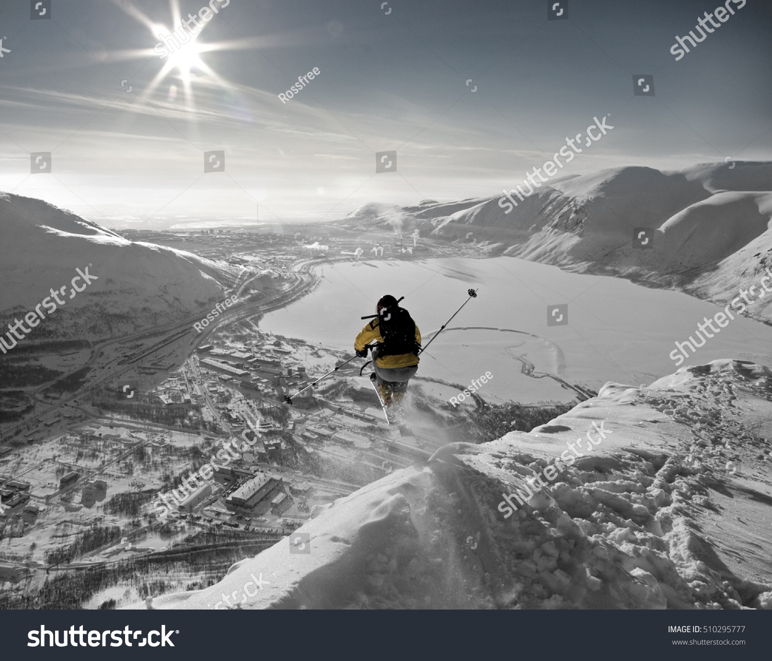 Skier Jumping Off Snow Cornice Mountains Stock Photo Edit Now