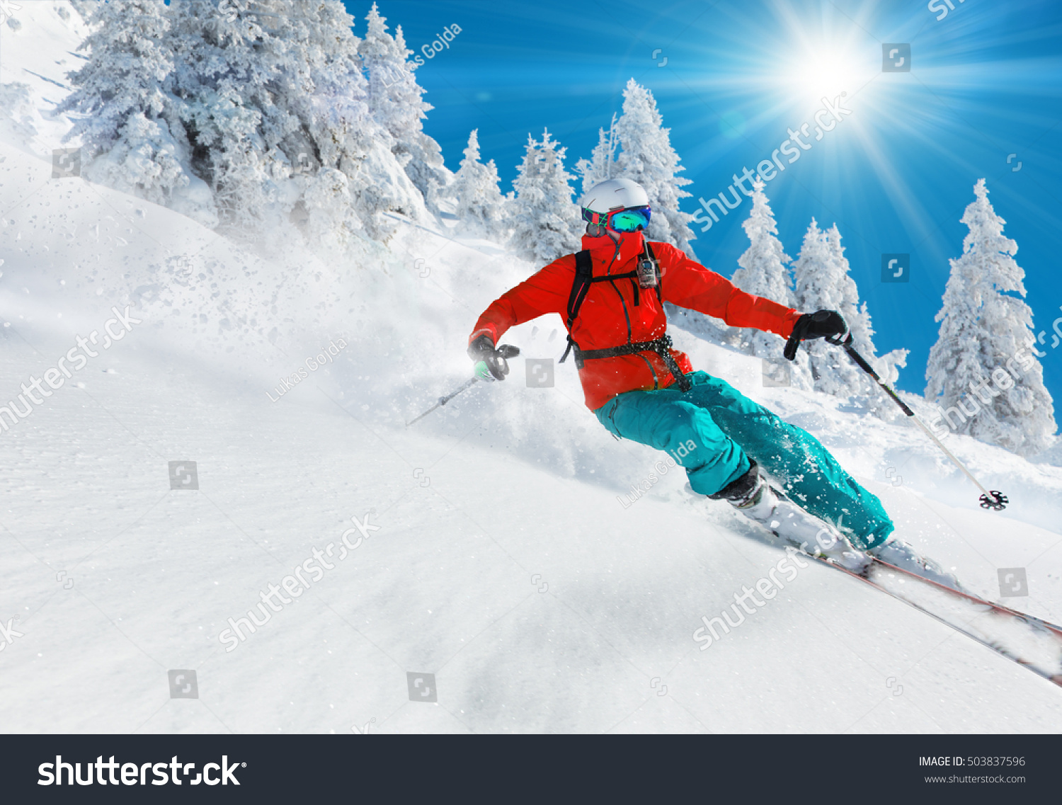 Skier Skiing Downhill In High Mountains Stock Photo 503837596 ...