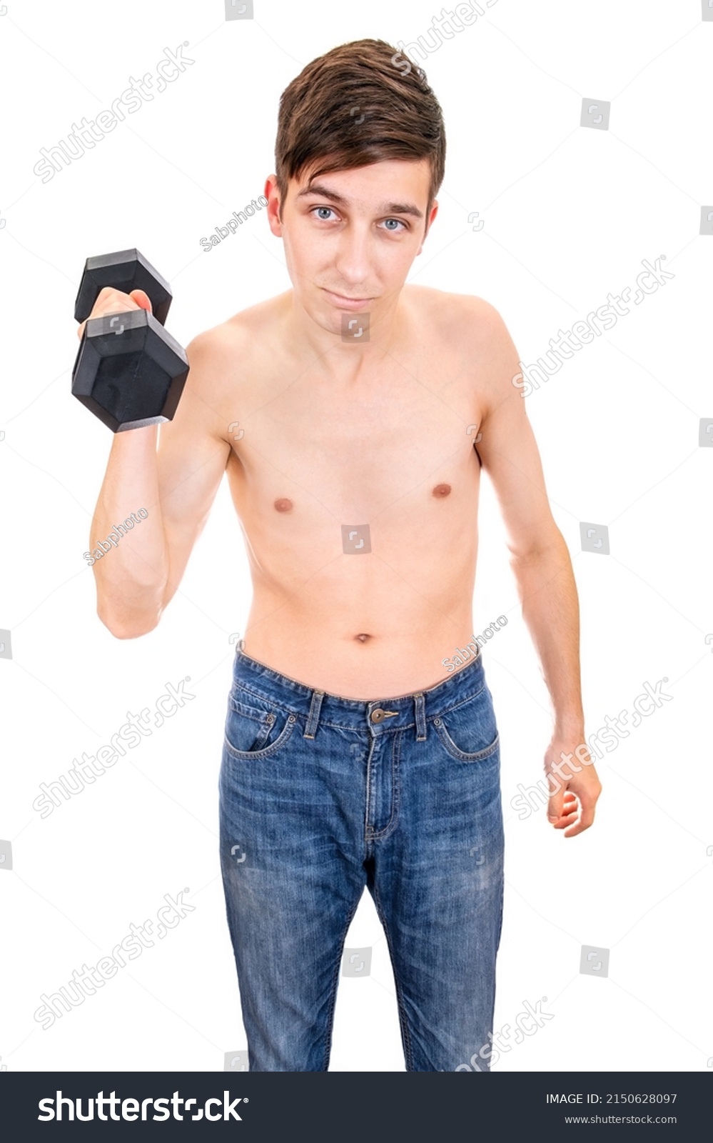 Skinny Young Man Hold Heavy Dumbbell Stock Photo 2150628097 | Shutterstock