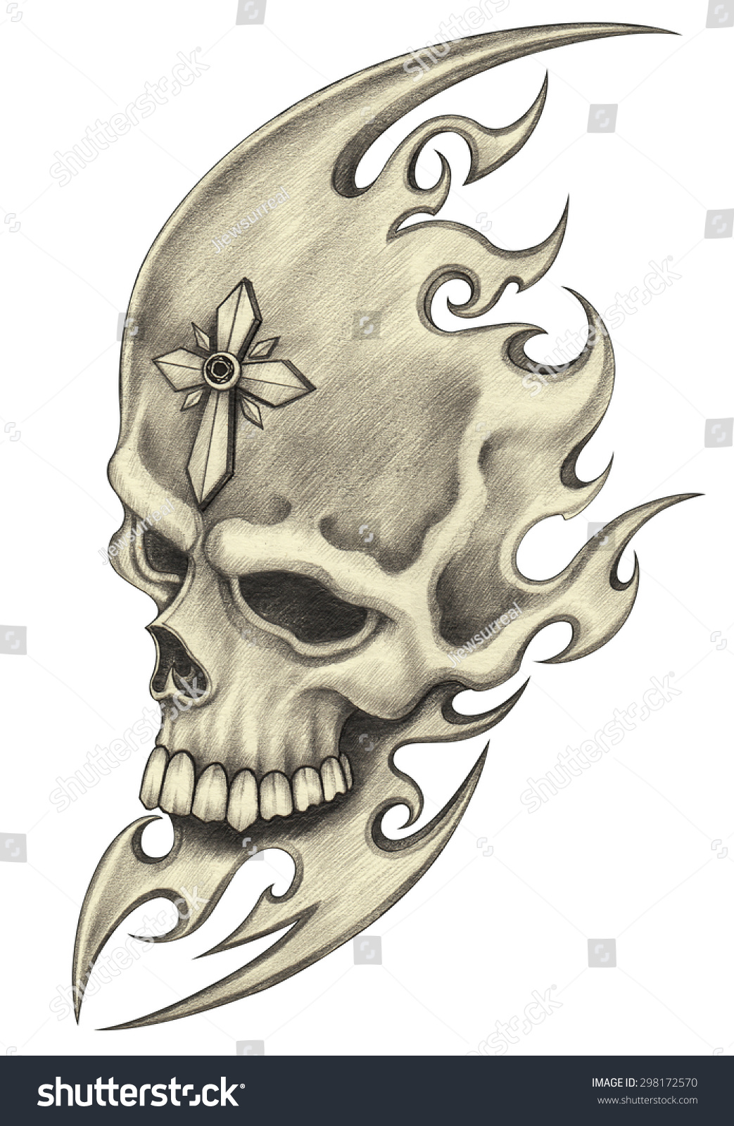 Skull Tattoo.Hand Pencil Drawing On Paper. Stock Photo 298172570 ...