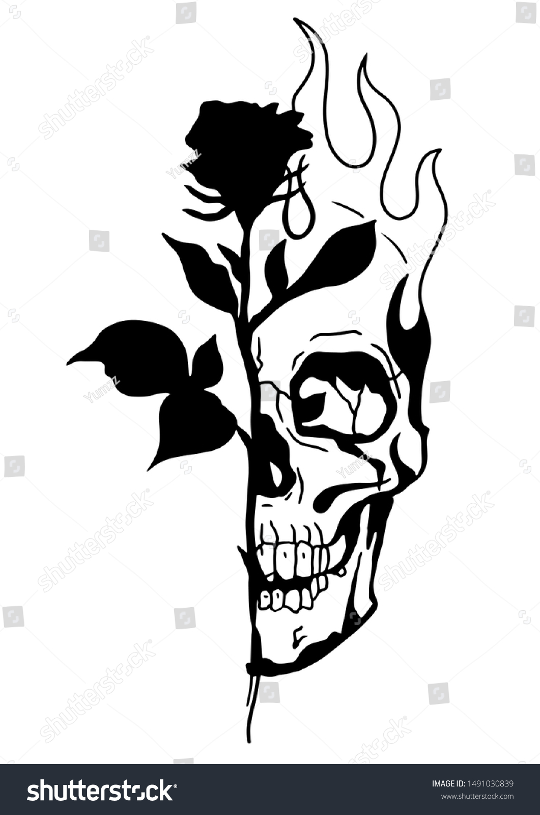 Skull Black Rose Tattoo Stock Illustration 1491030839