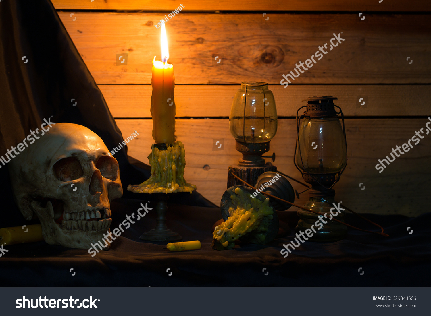 Skull Candles Barn Lanterns On Black Stock Photo Edit Now 629844566