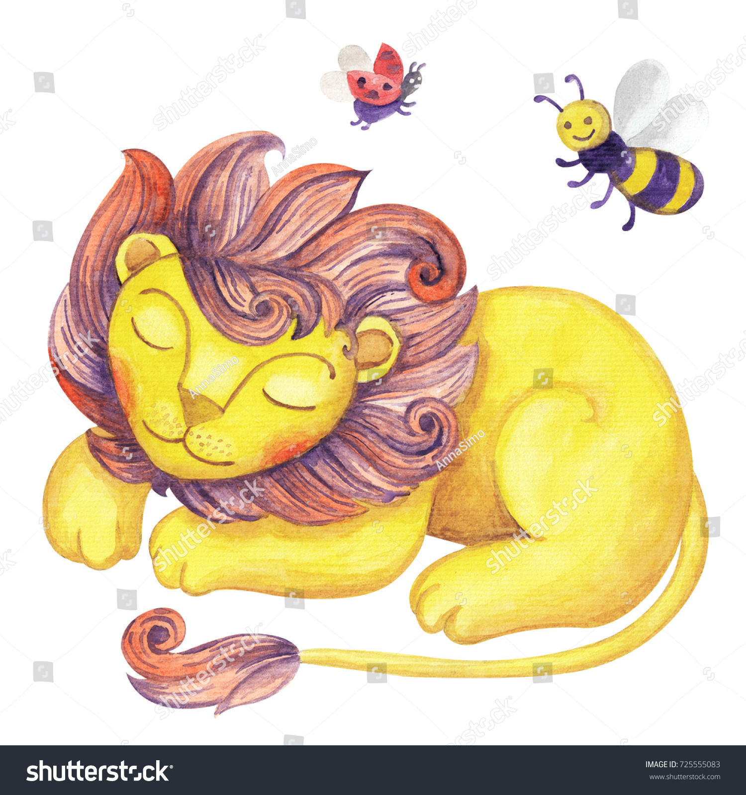 Sleeping Lion Hand Drawn Watercolor Illustration Stock Illustration