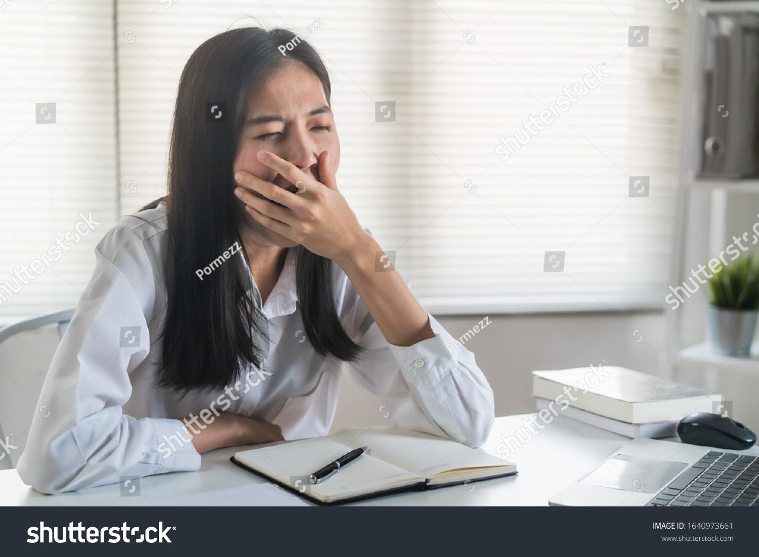 Sleepy Asian Business Woman Yawning Office Stock Photo Edit Now