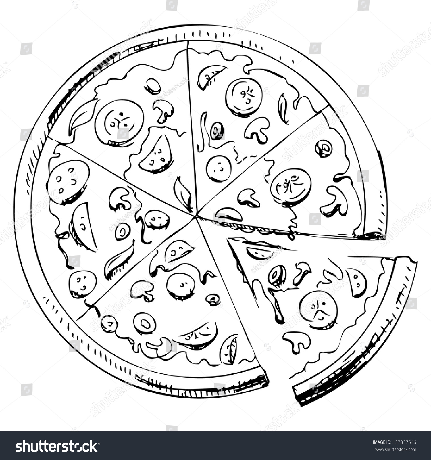 Sliced Pizza Isolated On White Background. Hand Drawing Sketch ...