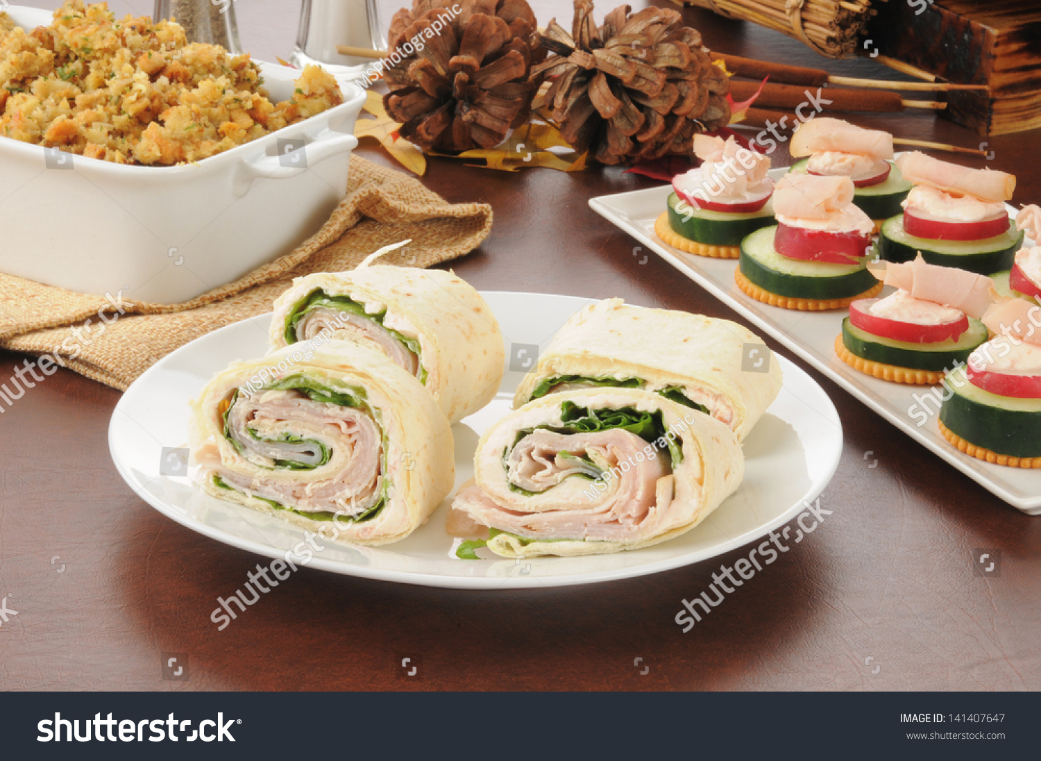 Sliced Turkey Or Chicken Wraps With Canapes And Dressing Stock Photo ...