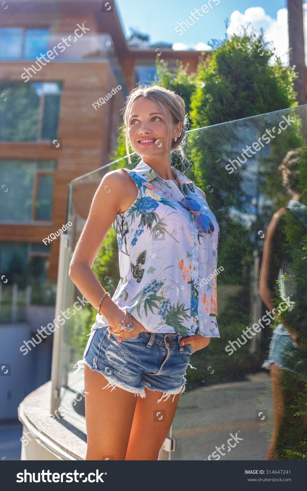 Slim Blond Woman Jeans Shorts Posing Stock Photo Shutterstock