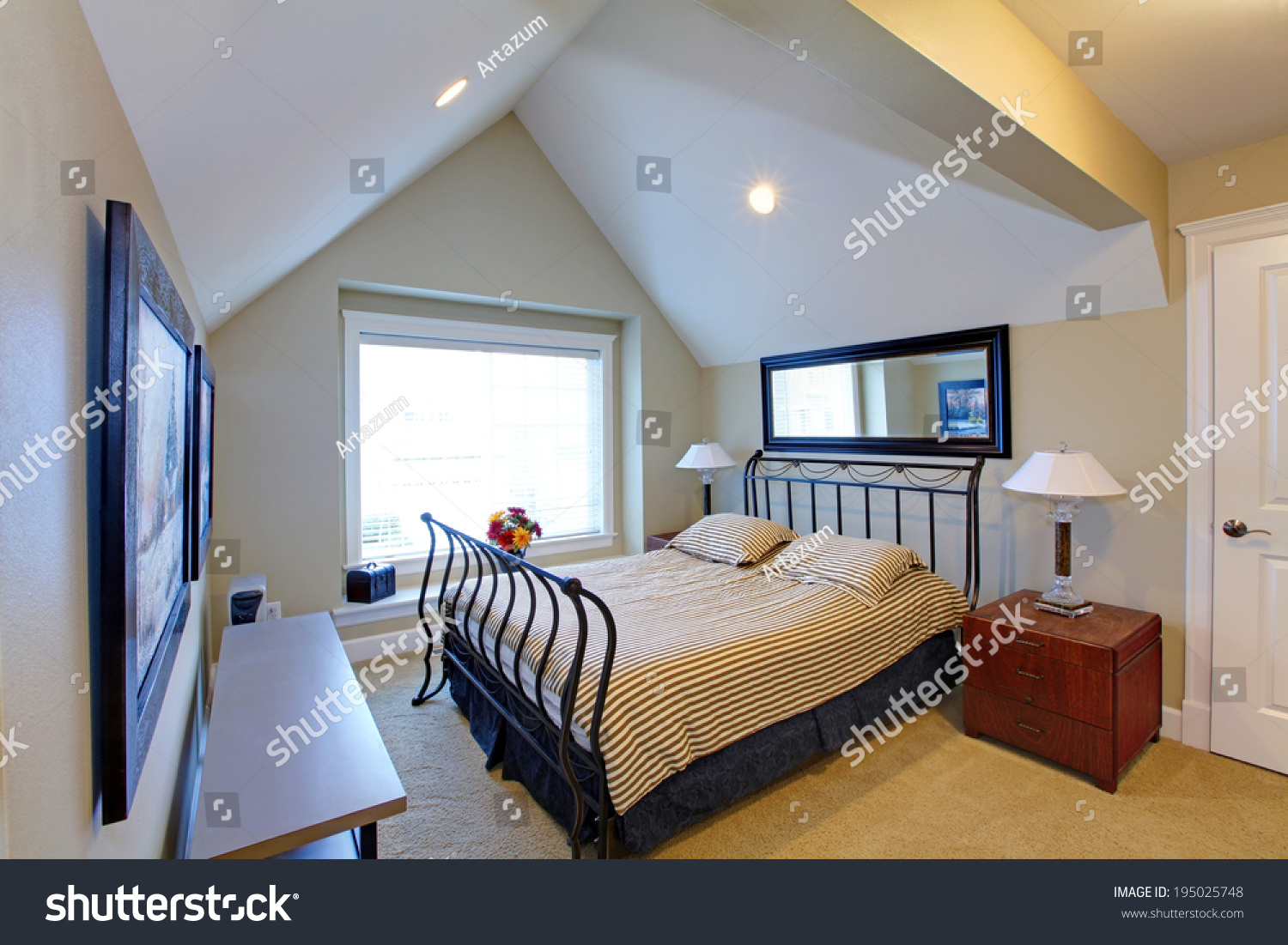 Small Bedroom Vaulted Ceiling Carpet Floor Royalty Free Stock Image