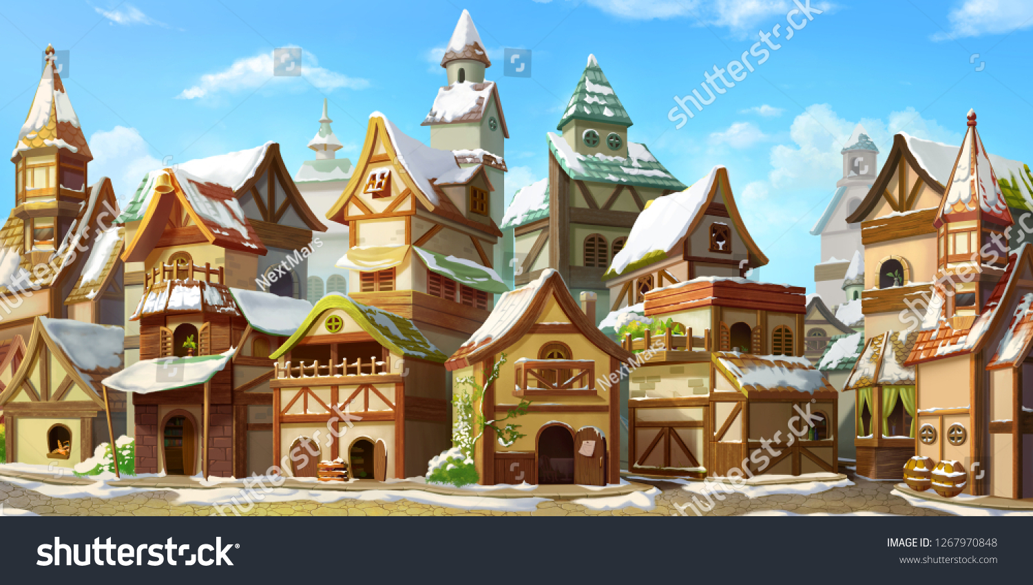 Small Fairy Tale Town Winter Snow Stock Illustration