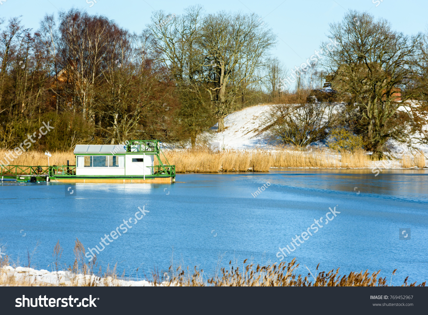 Small Green White Floating Cabin Moored Stock Photo Edit Now