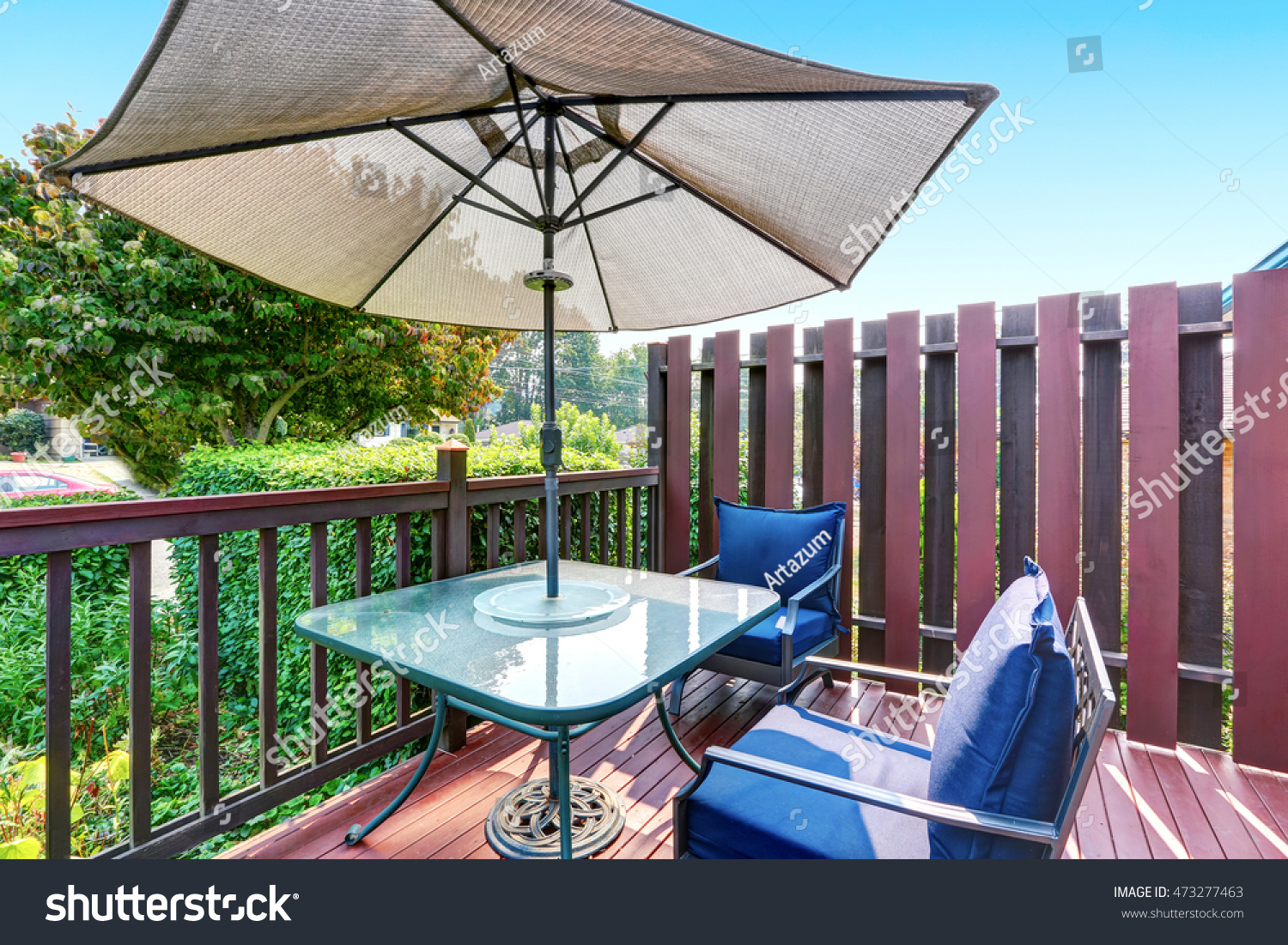 Small Mahogany Front Deck Furnished Blue Stock Photo Edit Now 473277463