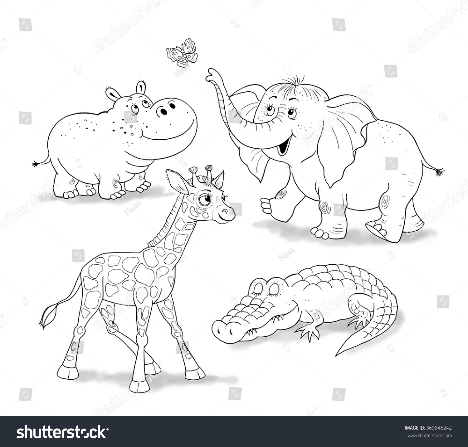 Small set of baby African animals Cute baby giraffe elephant crocodile and hippo