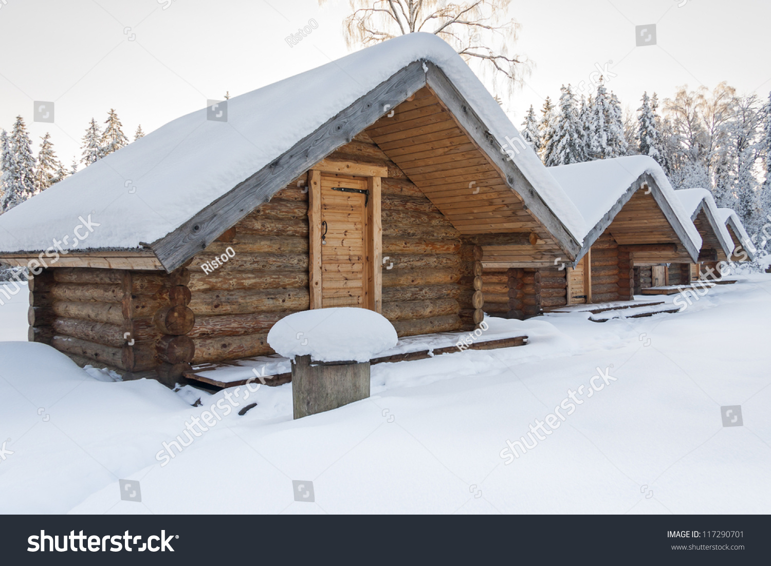 Small Snowy Cosy Log Cabins Row Stock Photo Edit Now 117290701