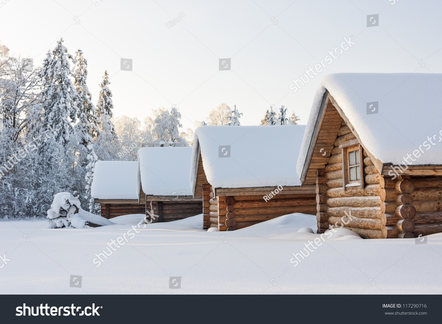 Small Snowy Cosy Log Cabins Row Stock Photo Edit Now 117290716