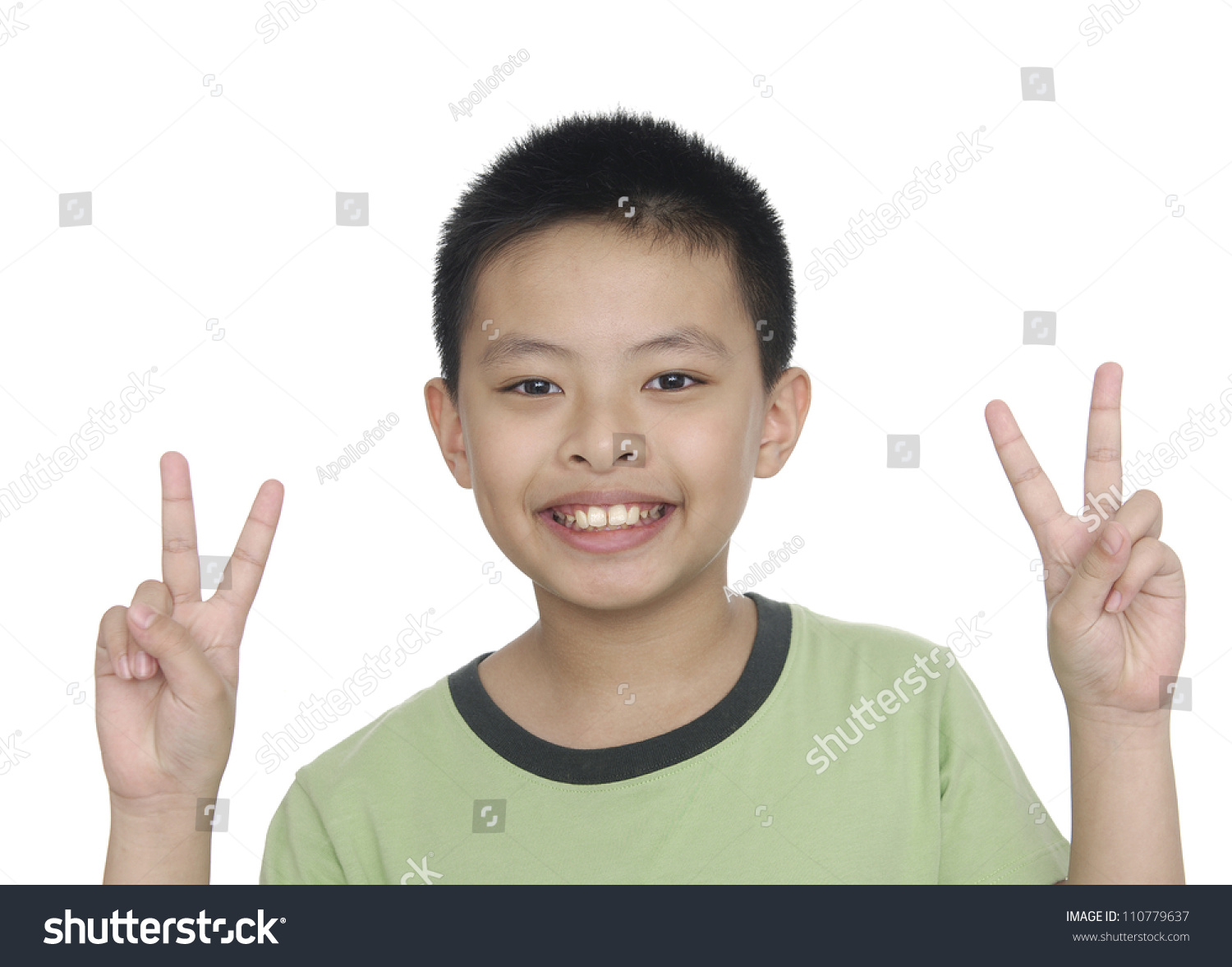 Smile Little Boy Holding Up The Peace Sign, Stock Photo 110779637 ...