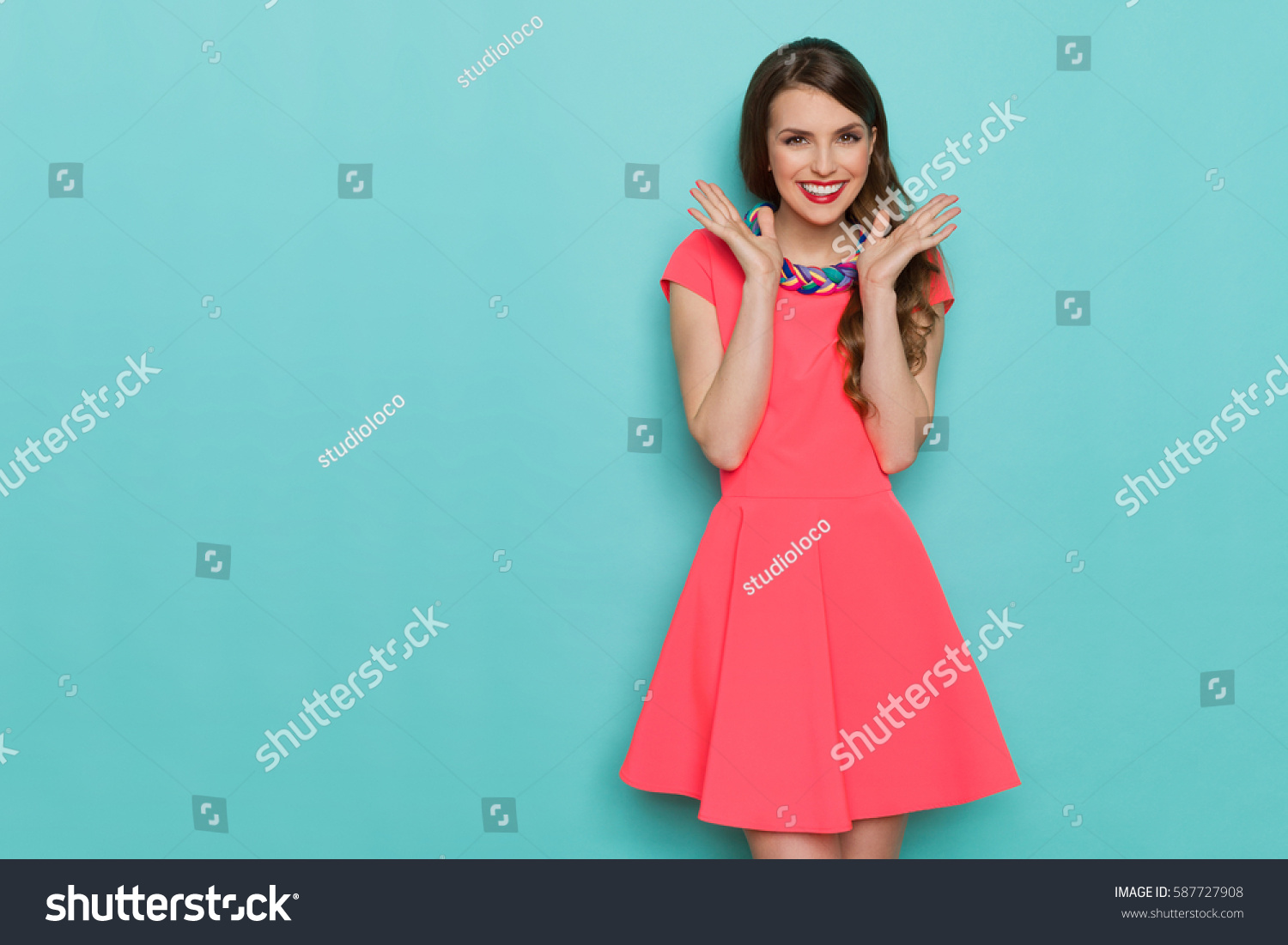 Smiling Beautiful Young Woman Pink Mini Stock Photo 587727908 ...