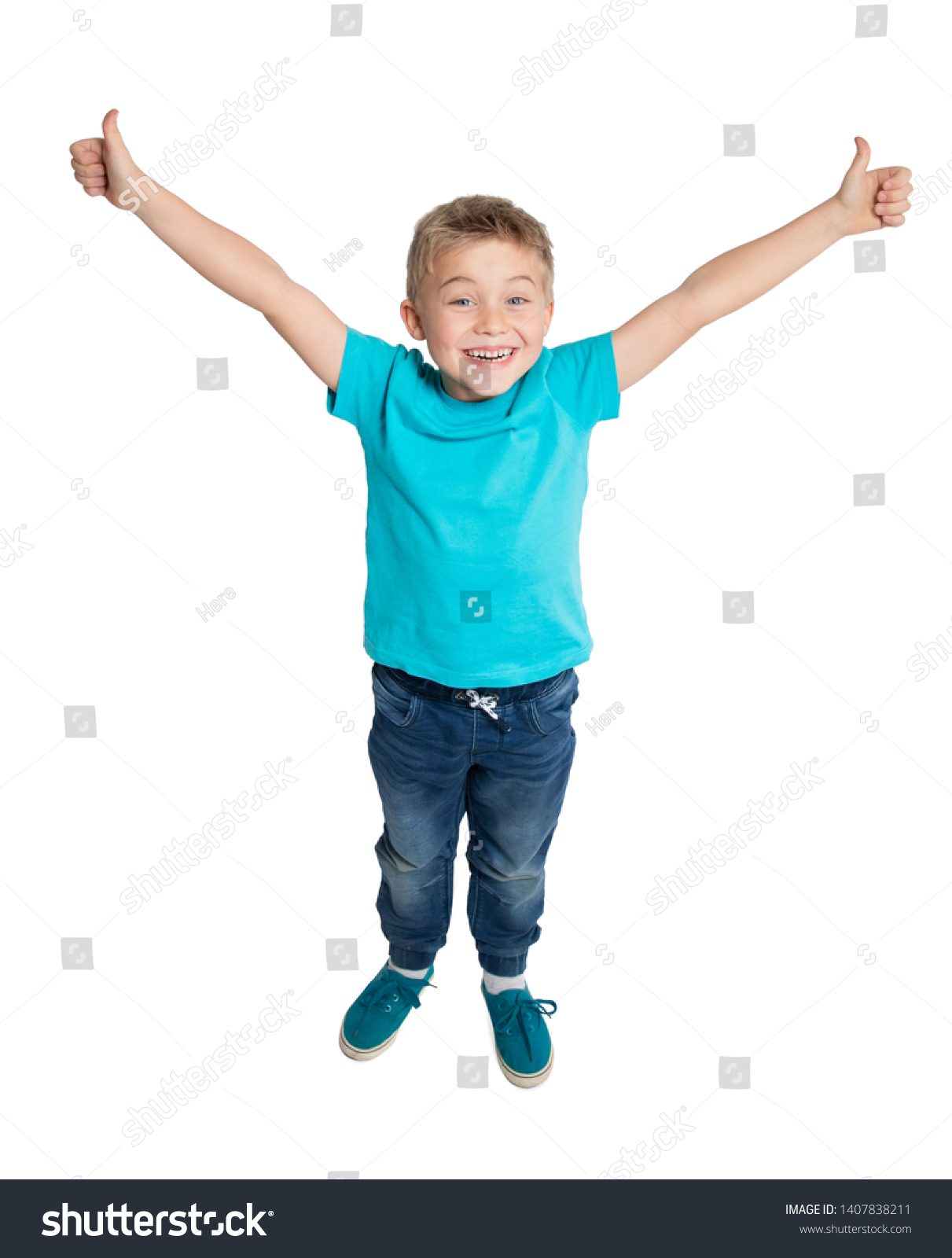 Smiling Boy Standing Outstretched Hands Pointing Stock Photo 1407838211 ...