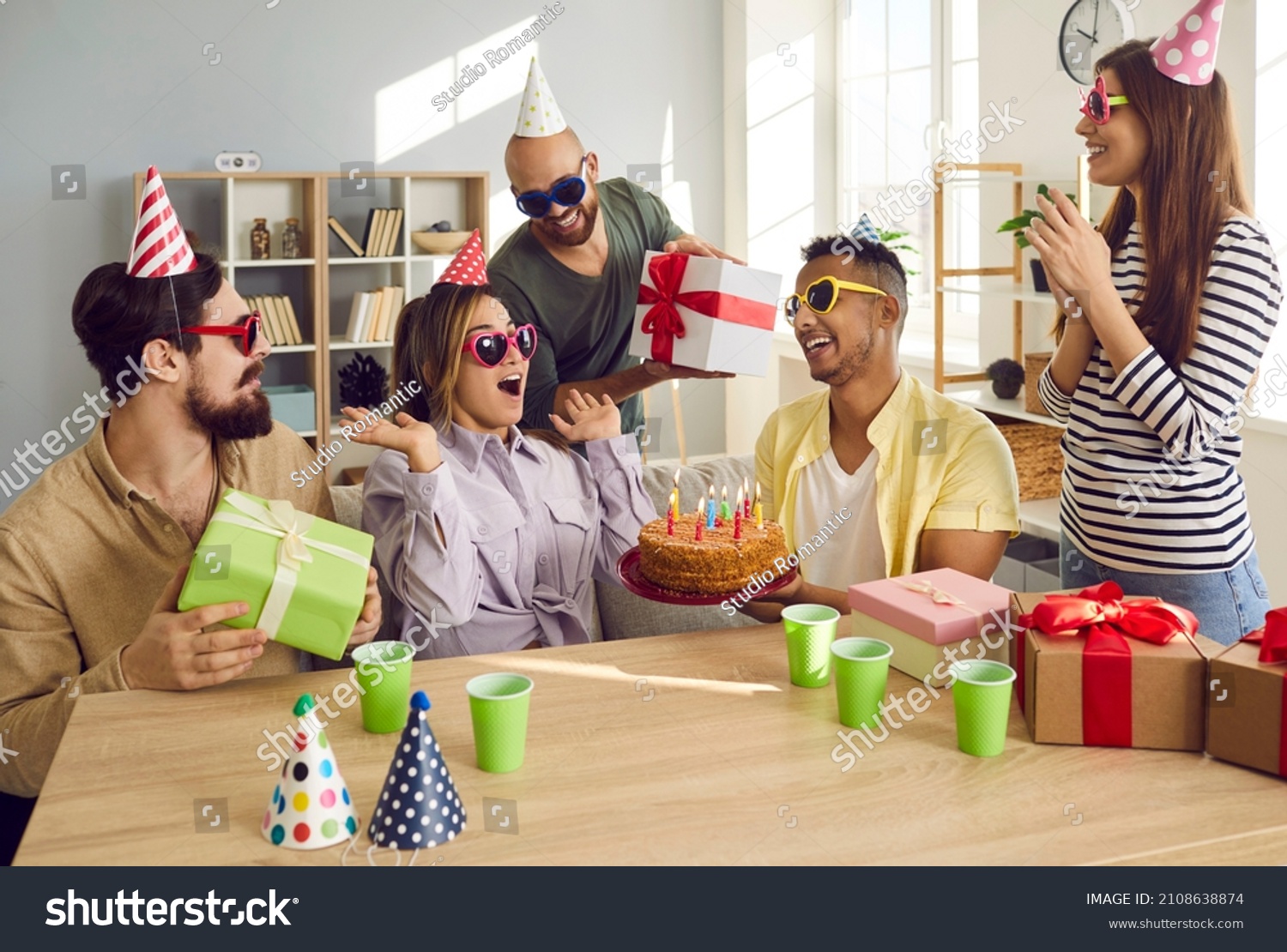 Smiling Diverse Colleague Celebrate Birthday Anniversary Stock Photo ...