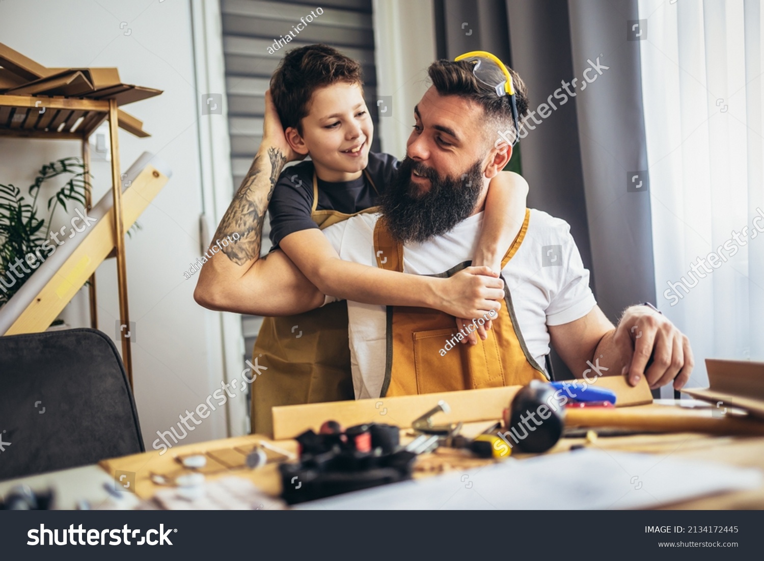 Smiling Father Teaching His Son Working Stock Photo 2134172445 ...