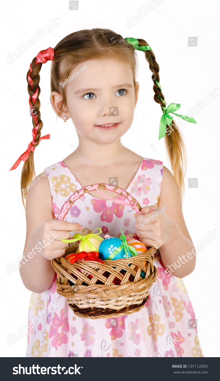 Smiling Little Girl With Basket Full Of Colorful Easter Eggs Isolated ...