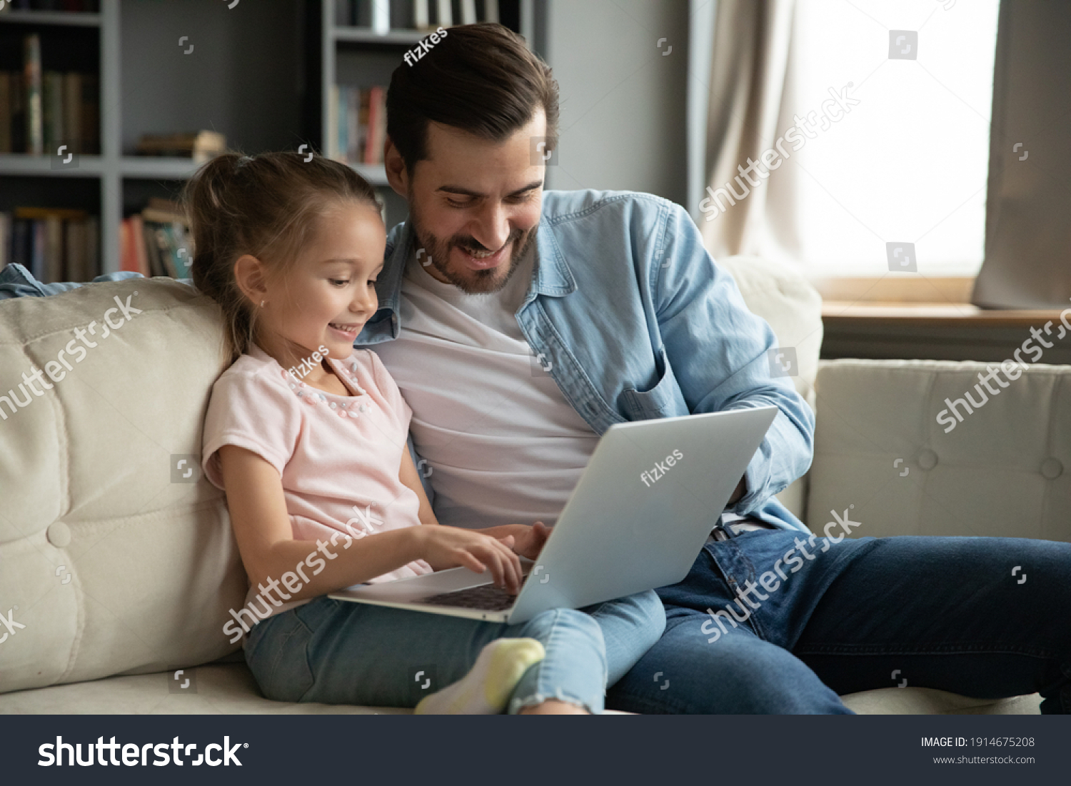 Smiling Little Girl Father Using Laptop Stock Photo 1914675208 ...