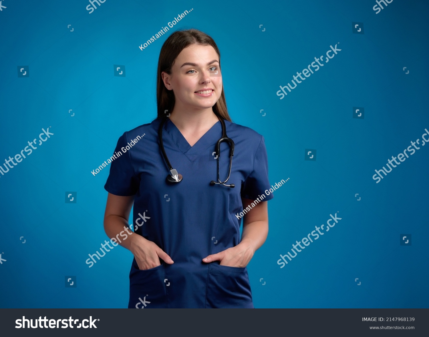 Smiling Nurse Stethoscope Standing Hands Her Stock Photo 2147968139 ...