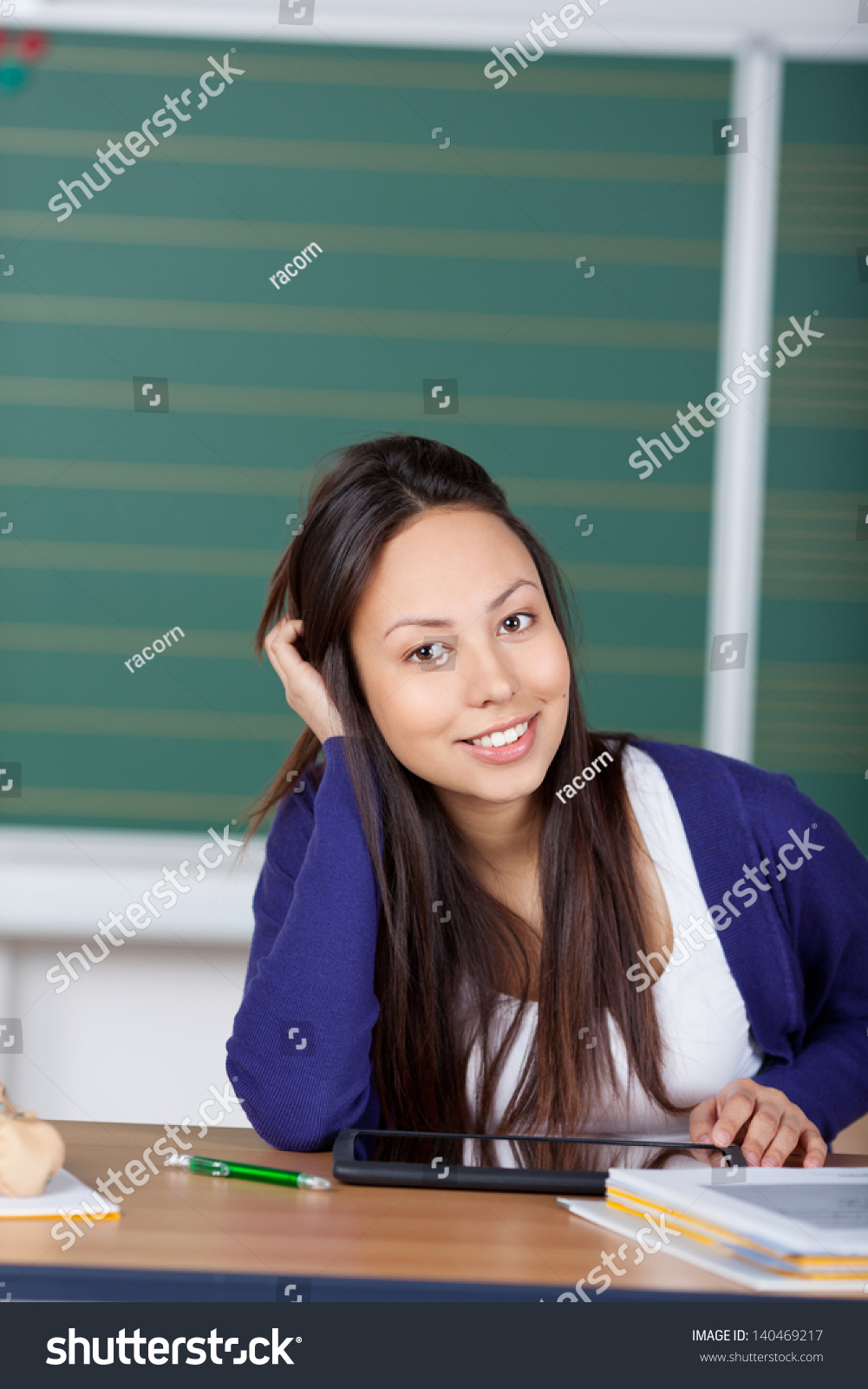 Smiling Student Leaning Head On Hand And Working With Digital Pad Stock ...