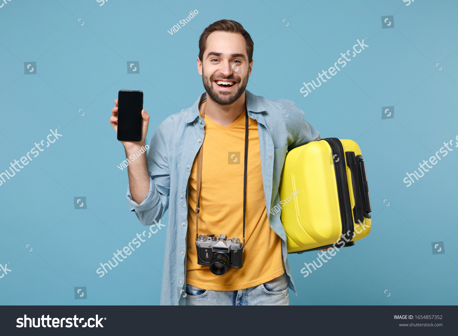 Smiling Traveler Tourist Man Yellow Clothes Stock Photo 1654857352 ...