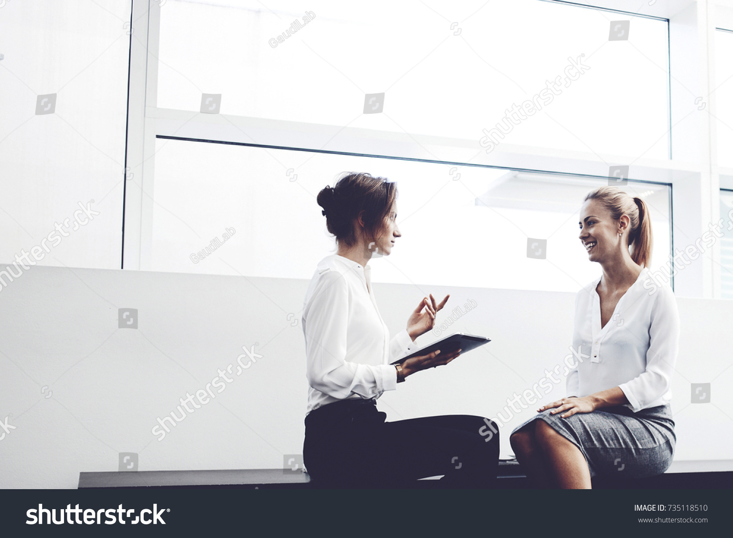 Smiling Woman Manager Listening Funny Story Stock Photo Edit Now