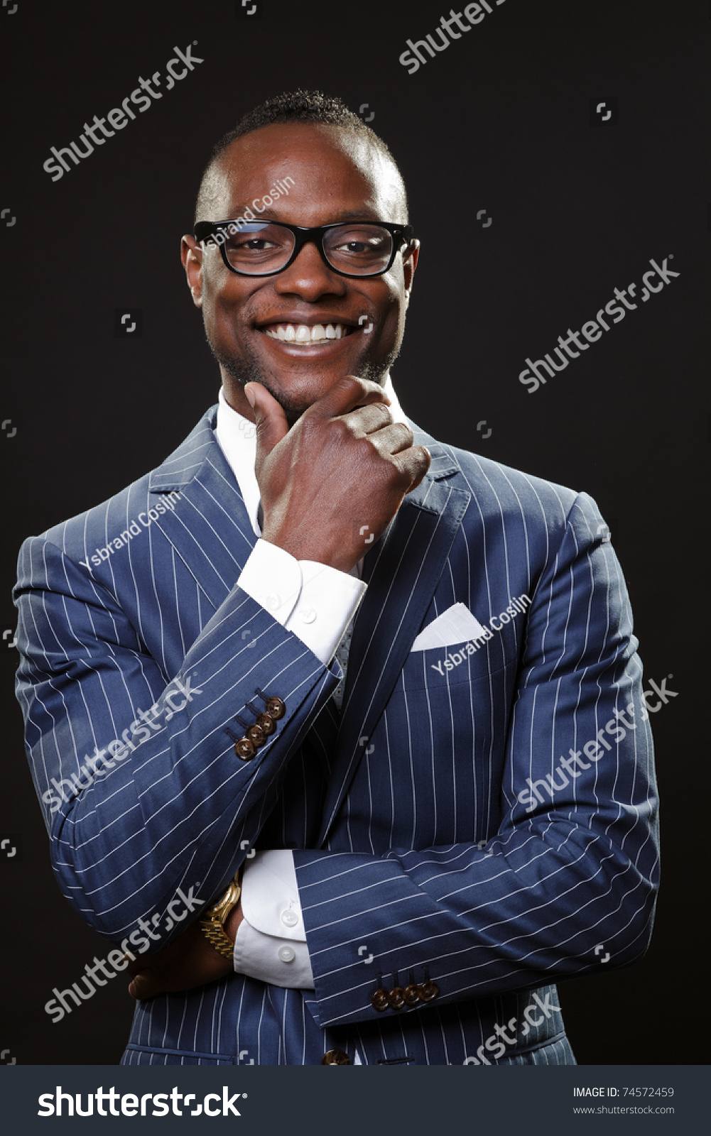 Smiling Young Black Business Man Wearing Suit And Glasses. Stock Photo ...