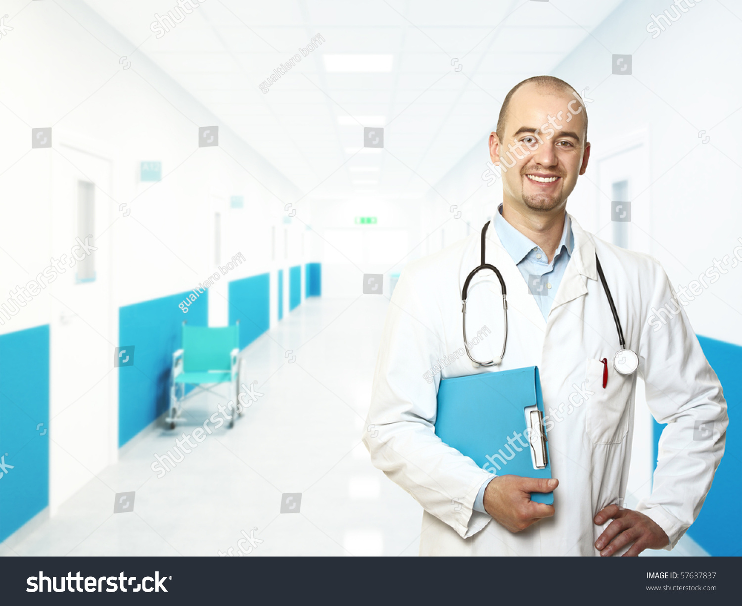 Smiling Young Doctor In Aisle Hospital Background Stock Photo 57637837 ...