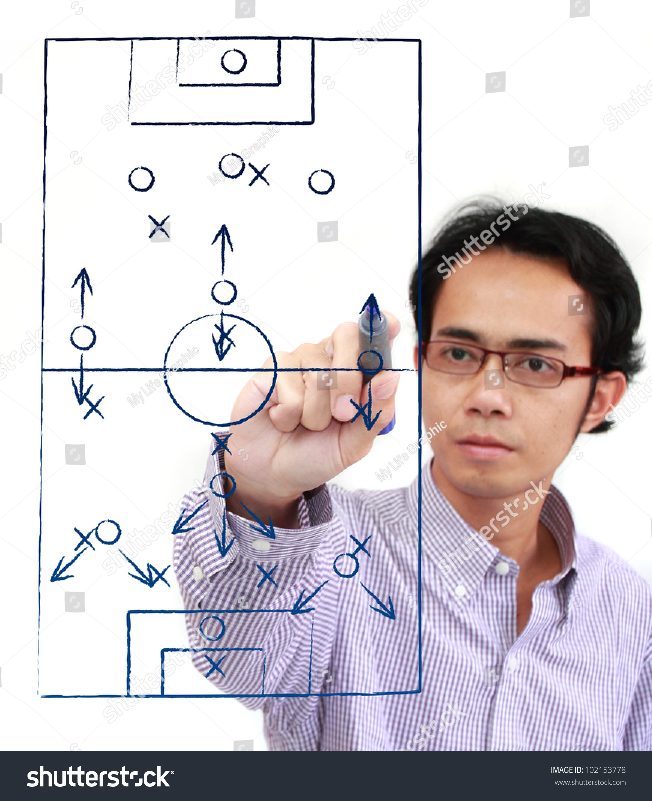 Soccer Coach Drawing Strategy Plan On A Whiteboard. Creativity Concept ...