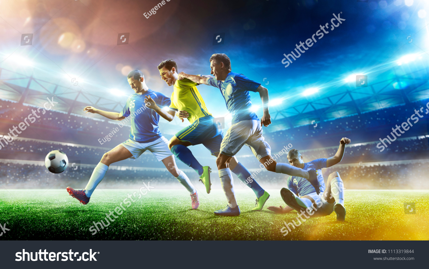 Soccer Players Action On Sunset Stadium Stock Photo (Edit Now) 1113319844